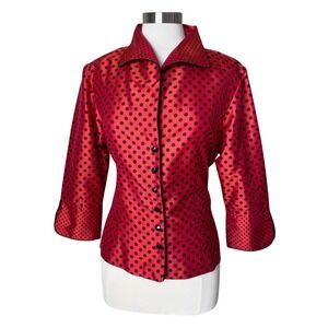 Vintage Marisa Baratelli Red Black Polka Dot 100% Thai Silk Bow Blouse Womens 14